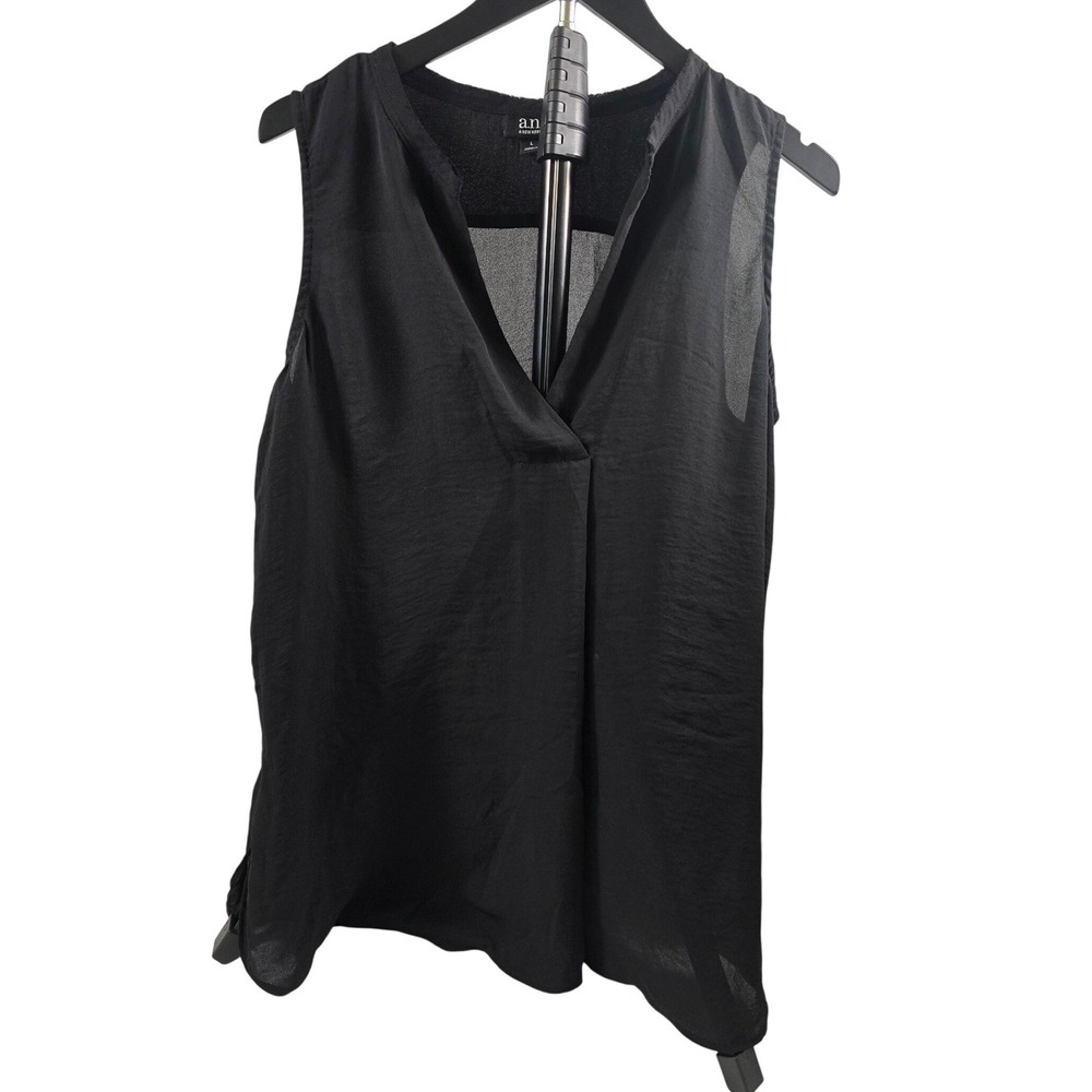 ANA A New Approach Womens Black Sleeveless V-Neck Pleated Blouse Top Size Large